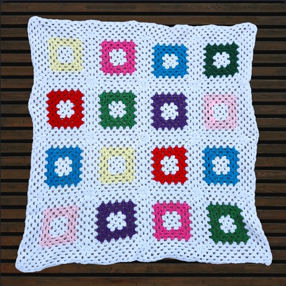 Vintage Homemade Crocheted Multicolor Square Design Afghan Throw Blanket